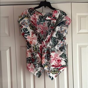 SHEIN Asymmetrical Tie Front Blouse in White and Pink